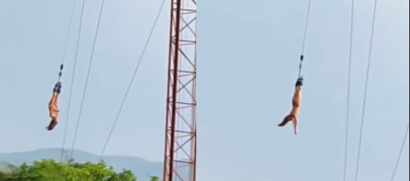 Chinese vrouw doet aan naakt bungeejumpen in Thailand